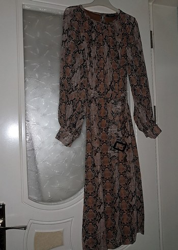 Kadın Kahverengi Yılan Desenli Midi Elbise - Görsel 2