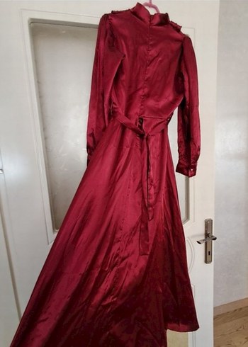 Bordo Uzun Kollu Drapeli Saten Elbise - Görsel 4