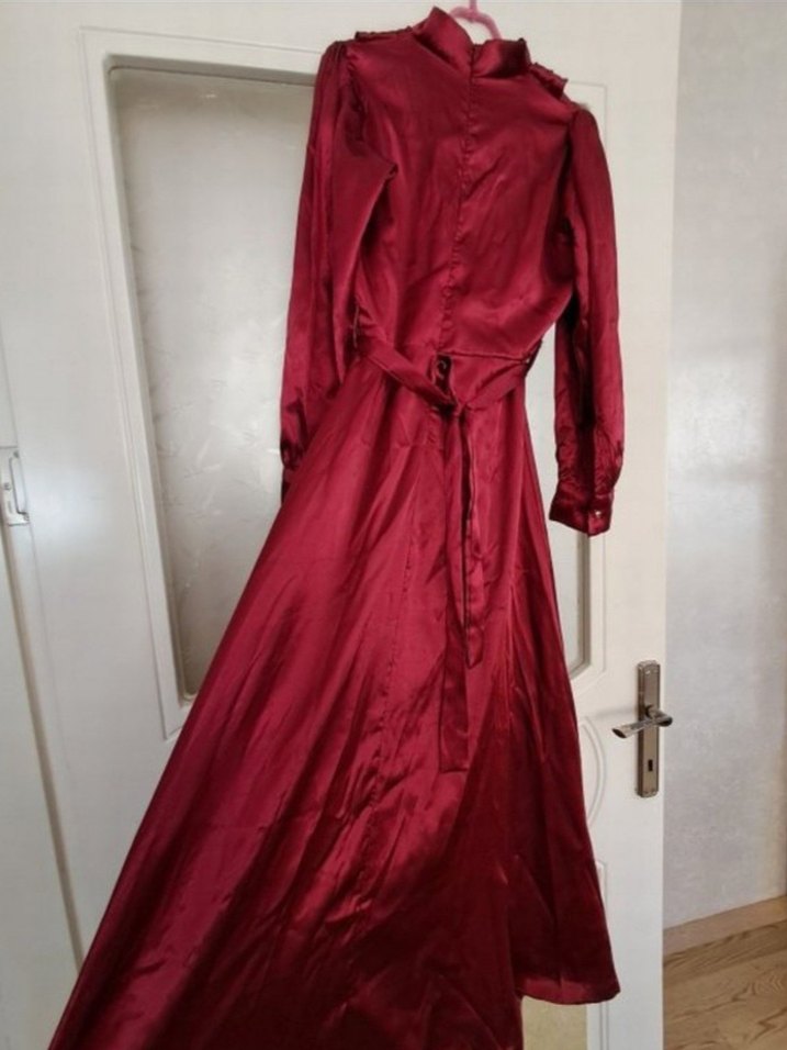 Bordo Uzun Kollu Drapeli Saten Elbise - Görsel 4