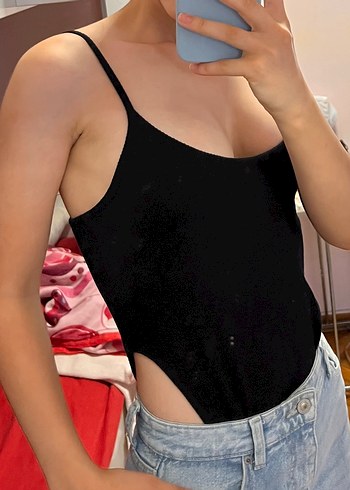 diğer Beden Siyah V Yaka İnce Askılı Denim Body
