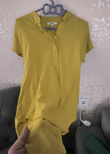 Sarı Kısa Kollu Keten Tişört - Görsel 3