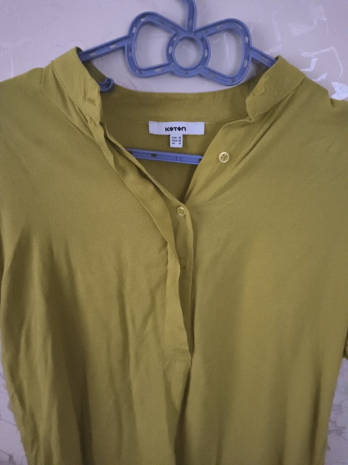 Sarı Kısa Kollu Keten Tişört - Görsel 2