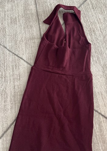 m Beden Bordo Gömlek Yaka Sırt Dekolteli Elbise