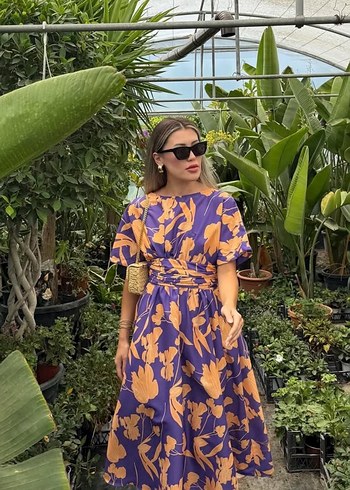 Mor Somon Desenli Uzun V Yaka Elbise - Görsel 4