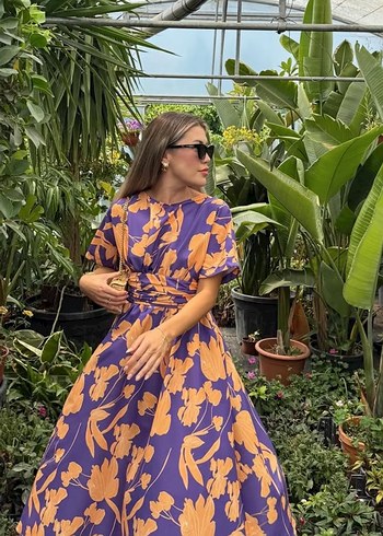 Mor Somon Desenli Uzun V Yaka Elbise - Görsel 3