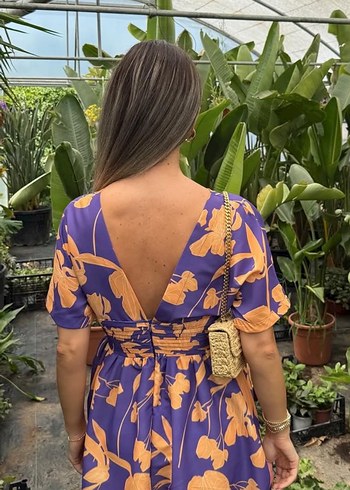 Mor Somon Desenli Uzun V Yaka Elbise - Görsel 2