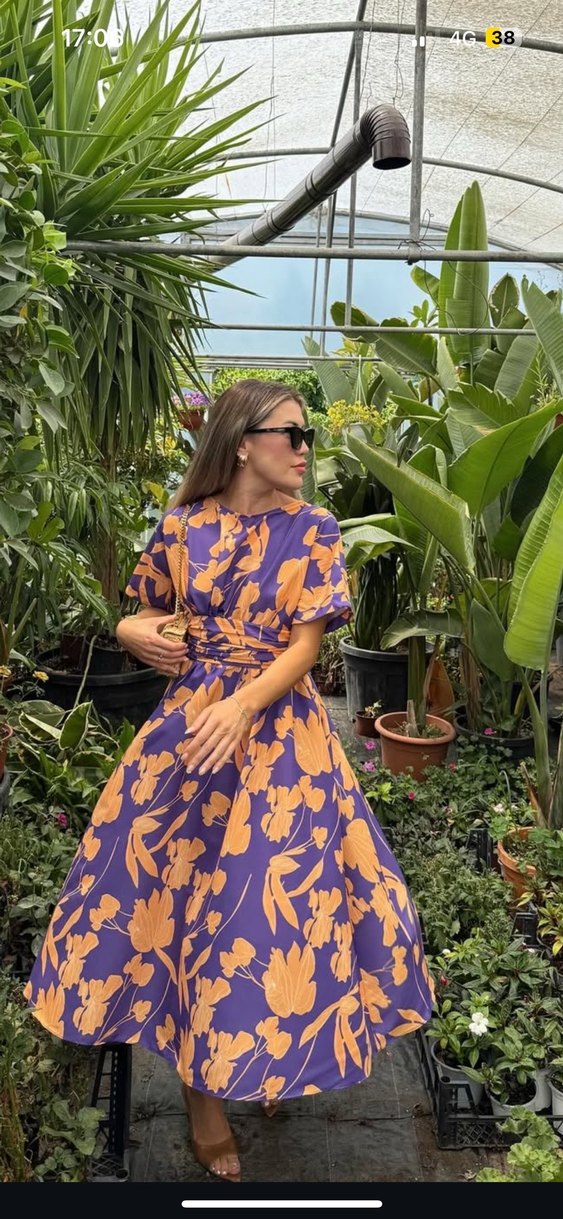 Mor Somon Desenli Uzun V Yaka Elbise - Görsel 3