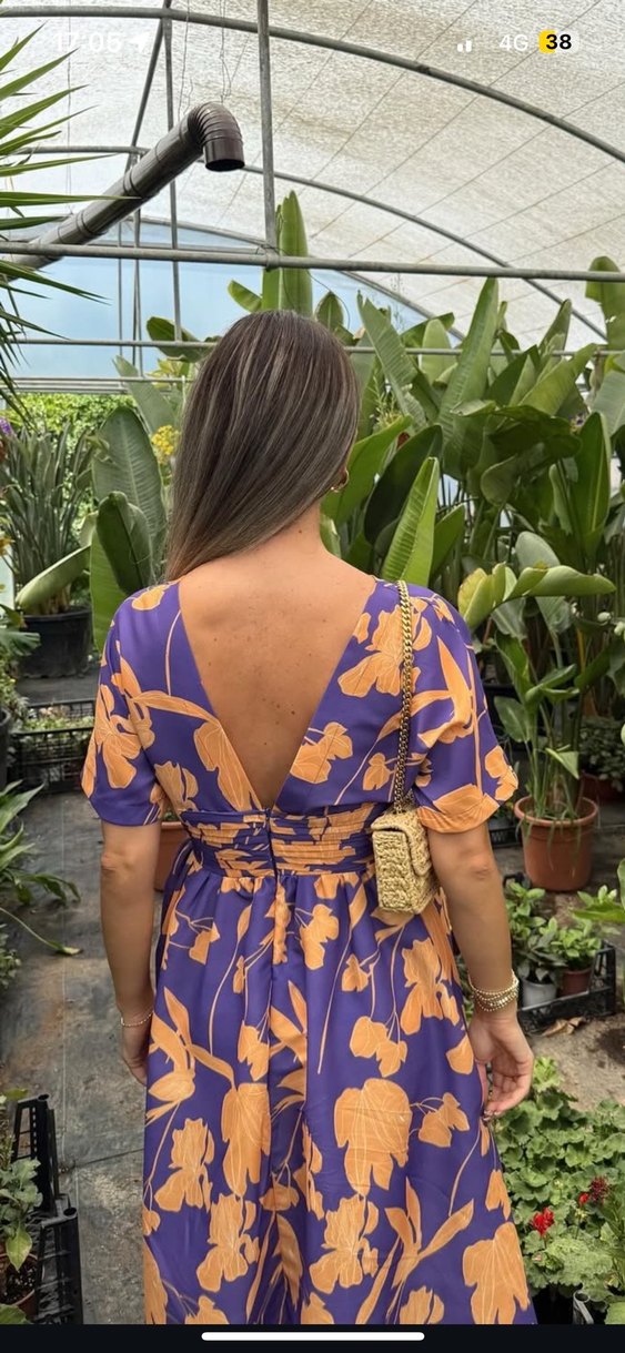 Mor Somon Desenli Uzun V Yaka Elbise - Görsel 2