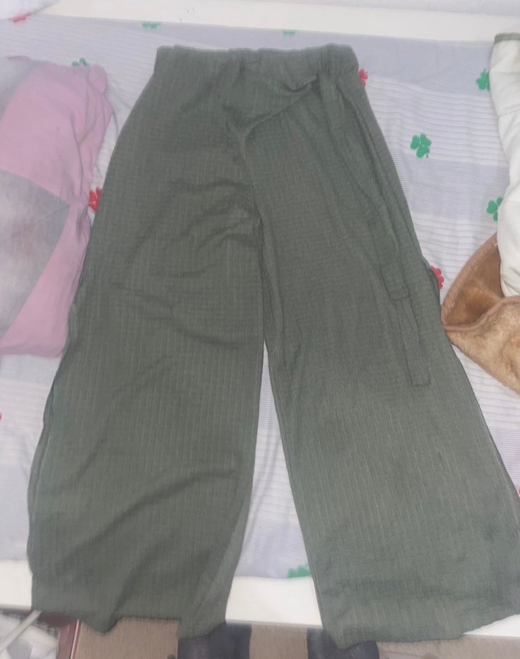 Yeşil Pilili Rahat Kesim Keten Kadın Pantolon - Görsel 2