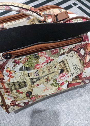 Renkli Baskılı Fermuarlı Vintage Kadın Çantası - Görsel 4