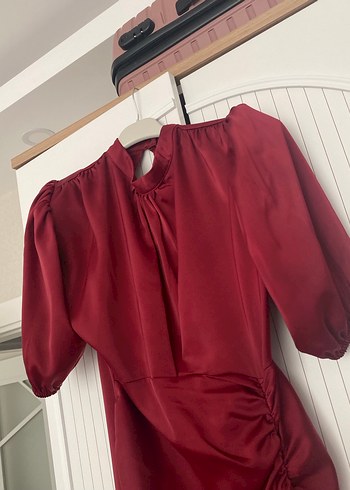 Bordo  Drapeli Midi Elbise - Görsel 6