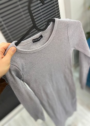 Gri Uzun Kollu Triko Midi Elbise - Görsel 2