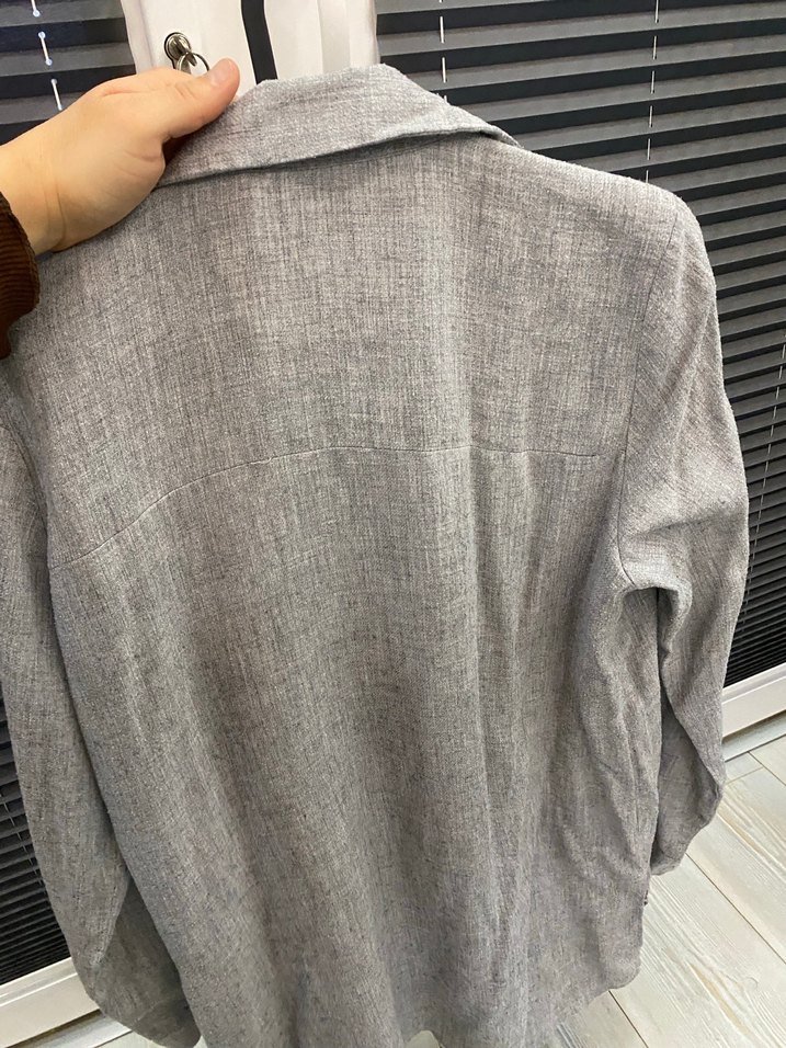 Gri Nakışlı Keten Kadın Gömlek - Görsel 4