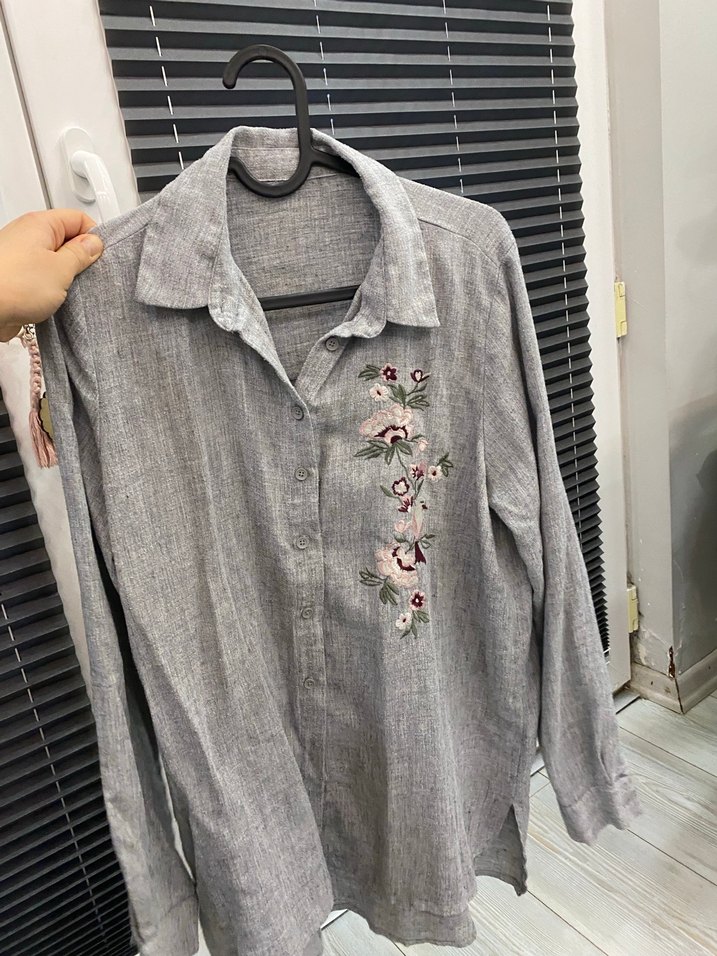 Gri Nakışlı Keten Kadın Gömlek - Görsel 3