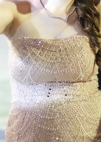 İşlemeli Bej Straplez Uzun Abiye Elbise - Görsel 2