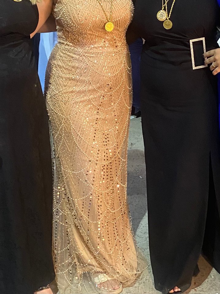 İşlemeli Bej Straplez Uzun Abiye Elbise - Görsel 5