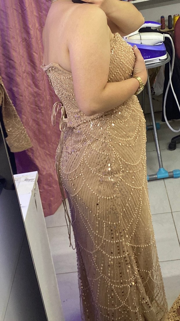 İşlemeli Bej Straplez Uzun Abiye Elbise - Görsel 4