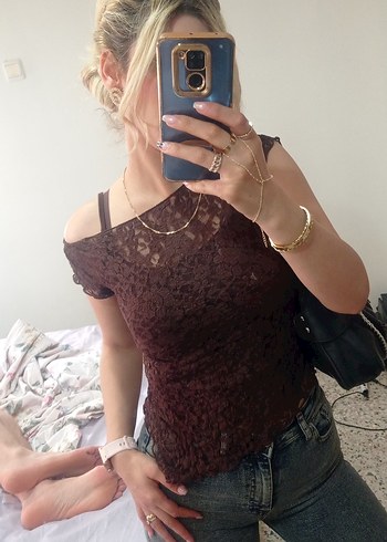 Dantel Detaylı Kahverengi Straplez Bluz