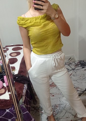 Kadın Sarı Salaş Keten Pantolon