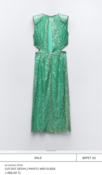 xs Beden yeşil Renk Zara cut-out detaylı payetli midi gece eşbisesi