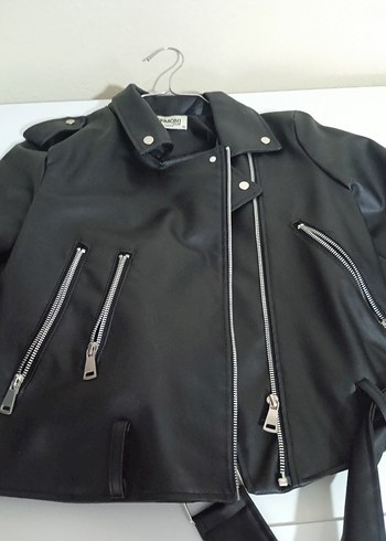 Kadın Siyah Deri Biker Ceket - Görsel 8