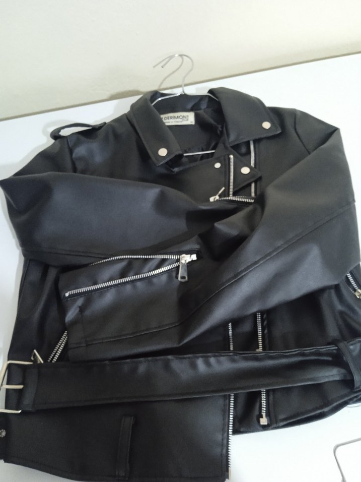 Kadın Siyah Deri Biker Ceket - Görsel 4