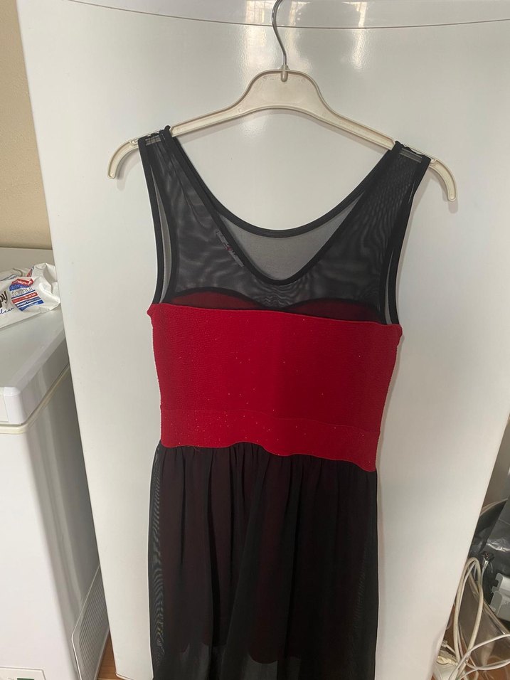 Kırmızı Siyah Drapeli Uzun Abiye Elbise - Görsel 2