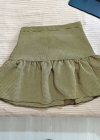 Sarı Ekose Pilili Midi Etek - Görsel 2