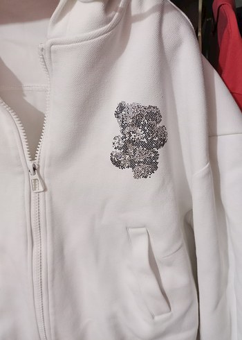 m Beden Gri Baskılı Beyaz Fermuarlı Kadın Sweatshirt