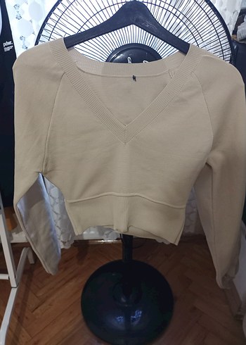 Bej V Yaka Pamuklu Kadın Kazak