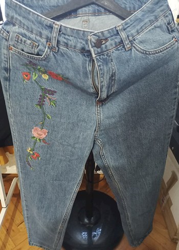 Nakışlı Mavi Midi Denim Kadın Pantolon