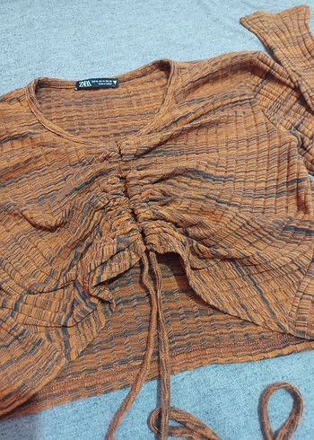 Kadın Kahverengi Bağcıklı Triko Bluz - Görsel 3