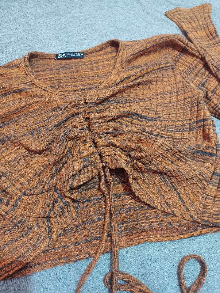 Kadın Kahverengi Bağcıklı Triko Bluz - Görsel 3