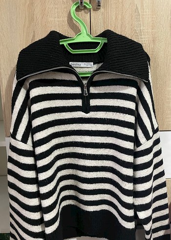 Gri Zebra Desenli Yarım Fermuarlı Triko Kazak - Görsel 2