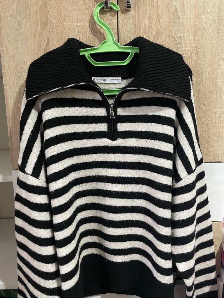 Gri Zebra Desenli Yarım Fermuarlı Triko Kazak - Görsel 2