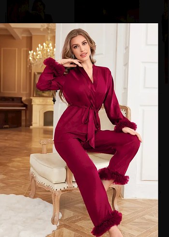 Bordo Parlak Kadın Uzun Kollu Rahat Pijama Takımı