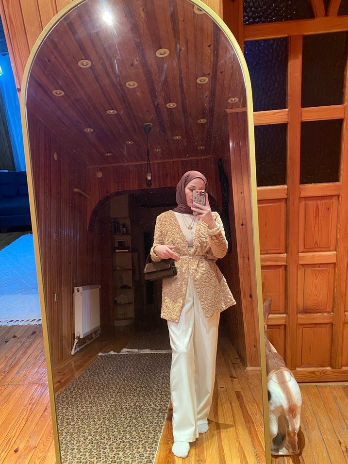 Bej Uzun Suni Kürk Kadın Ceket - Görsel 3