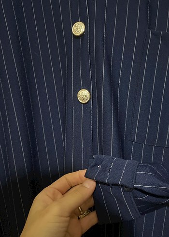 Kadın Lacivert Çizgili Pilili Kumaş Pantolon - Görsel 4