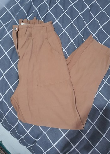 Kahverengi Kemerli Bol Kesim Kadın Keten Pantolon - Görsel 2