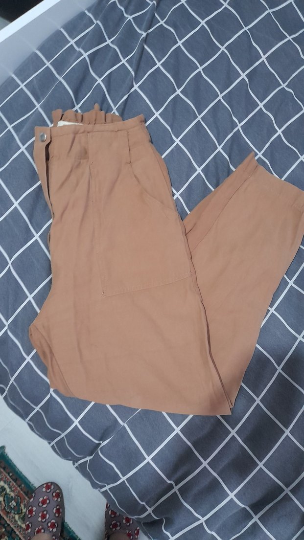 Kahverengi Kemerli Bol Kesim Kadın Keten Pantolon - Görsel 2