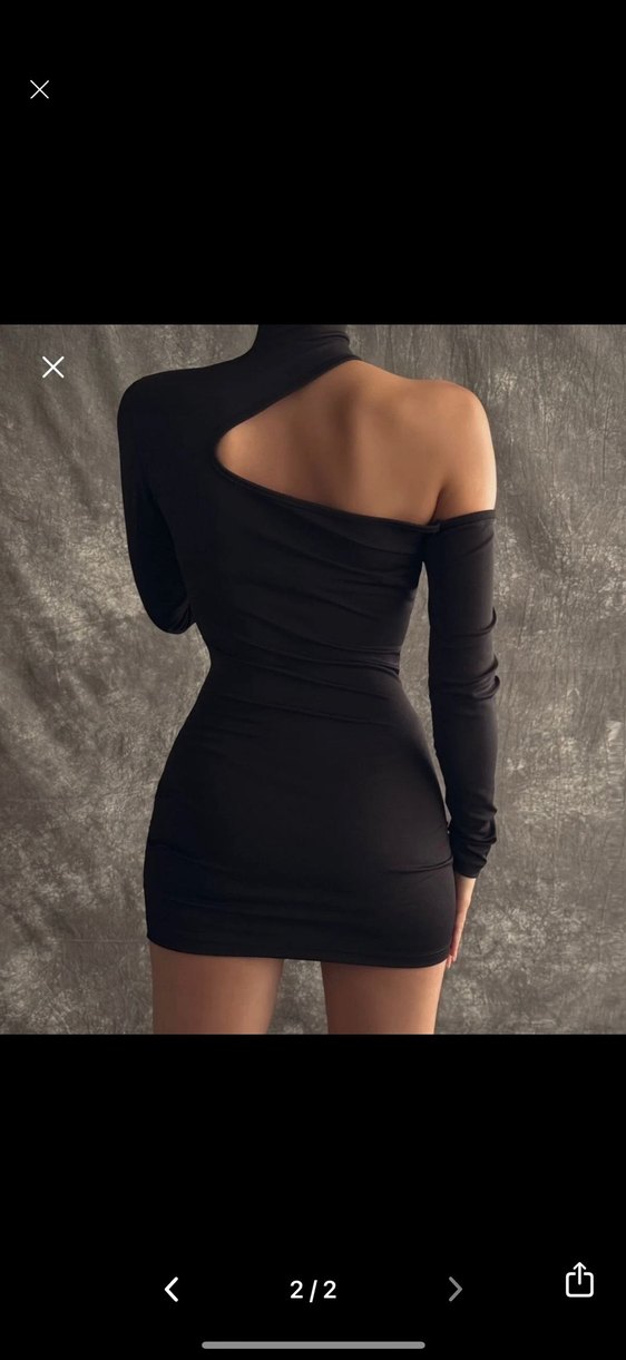 Siyah Asimetrik Yaka Mini Elbise - Görsel 2