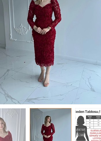 Bordo Dantel Uzun Kollu Midi Abiye Elbise