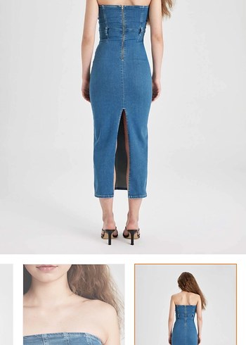 Mavi Denim Midi Straplez Kalem Elbise - Görsel 2