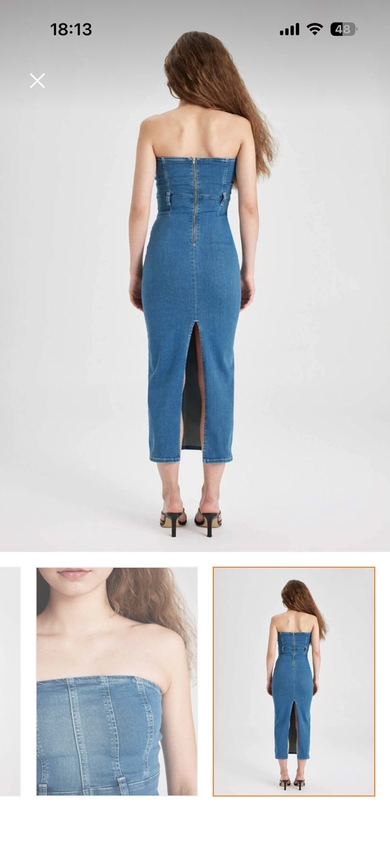 Mavi Denim Midi Straplez Kalem Elbise - Görsel 2