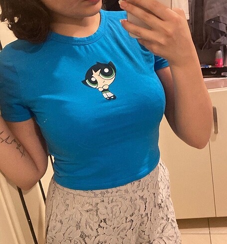 Powerpuff Girls Mavi Dar Crop Tişört