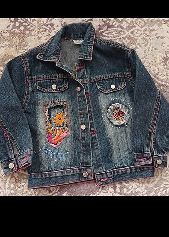 Nakışlı Çok Renkli Bohem Kız Denim Ceket