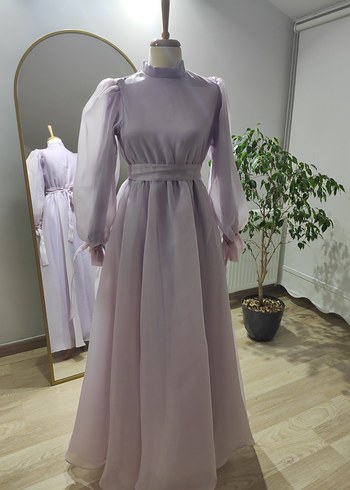 Uzun Kollu Lila Drape Detaylı Abiye Elbise