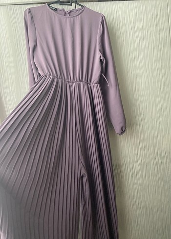 Kadın lila Pileli Uzun Kollu elbise görünümlü tulum - Görsel 2