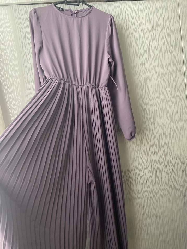 Kadın lila Pileli  Uzun Kollu elbise görünümlü tulum - Görsel 2