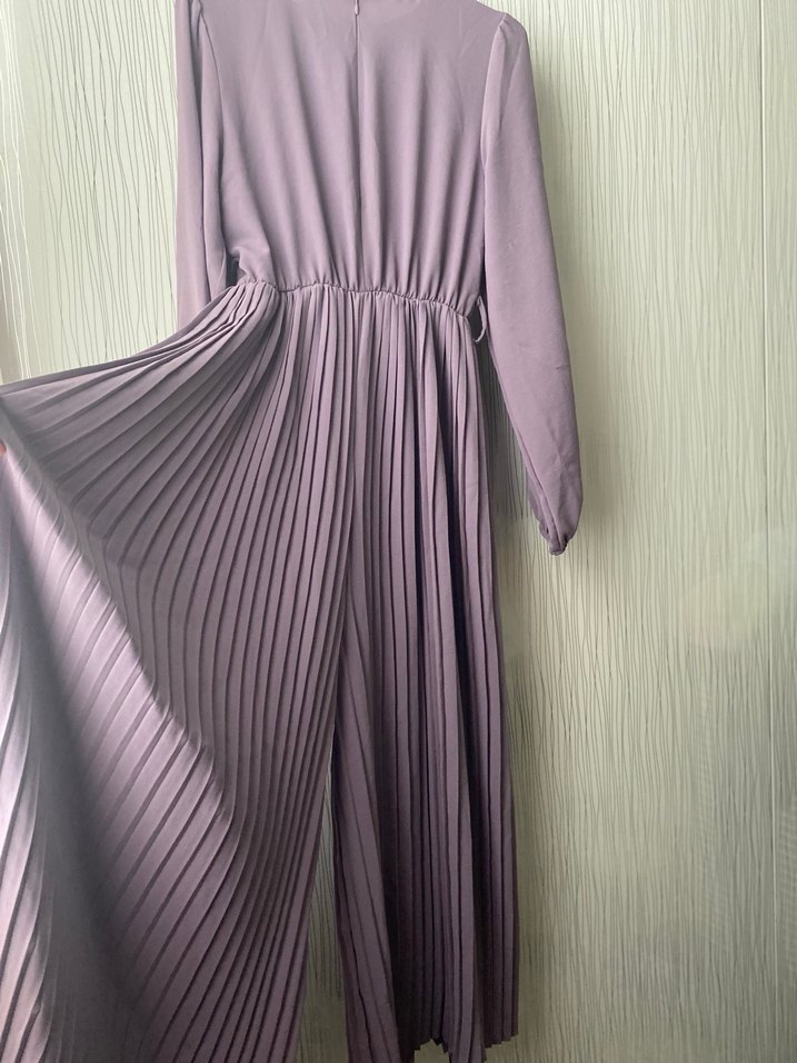 Kadın lila Pileli  Uzun Kollu elbise görünümlü tulum - Görsel 4